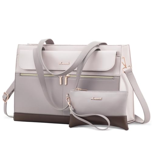 LOVEVOOK Laptop Bag for Women 15.6 Inch Tote Work Professional Leather Computer Briefcase Waterproof Handbag Shoulder Large Capacity Business Teacher Office Crossbody Purse - color: White/Grey/Light Brown, size: 15.6 Inch