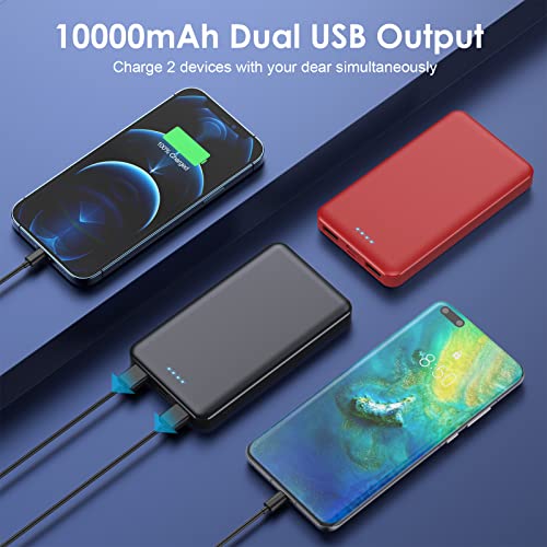 [2 Pack] Portable Charger Power Bank 10000mAh,Ultra Slim Compact External Battery Pack with USB C Input & Dual USB Outputs Backup Charger Compatible with iPhone 13,12, Samsung S20,Tablet-Black+Red - color: Black+Red, size: 10000mAh