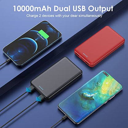[2 Pack] Portable Charger Power Bank 10000mAh,Ultra Slim Compact External Battery Pack with USB C Input & Dual USB Outputs Backup Charger Compatible with iPhone 13,12, Samsung S20,Tablet-Black+Red - color: Black+Red, size: 10000mAh