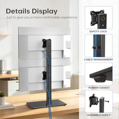 Vertical Dual Monitor Stand for 13-32 Inch Monitors, No Clamp, Freestanding | Supports 44 lbs/Arm | Tempered Glass Base | ±25° Swivel | -5° to +10° Tilt | 8 Height Options | VESA 75×75/100×100 mm - size: Dual Monitor Stand