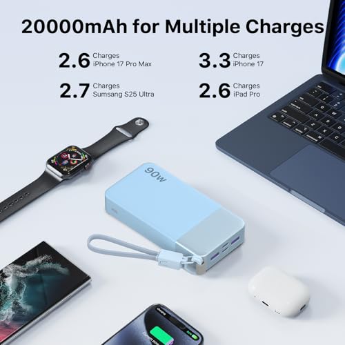 NOBIS Portable Charger 20000mAh 90W Power Bank w/Detachable Cable | 2C+2A USB-C Fast Charging Battery Pack with LED Display,Battery Bank for Laptops, Tablets, Phones and Steam Deck - color: Blue
