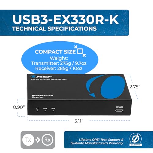 OREI USB Extender Over Ethernet 330ft USB 3.2 Gen1 5Gbps 4-Port USB Hub | USB Extender Over CAT5e, USB Extender Over CAT6 – 4 USB Ports, 1.5A Fast Charging, Plug & Play, No Drivers - size: USB-B Host