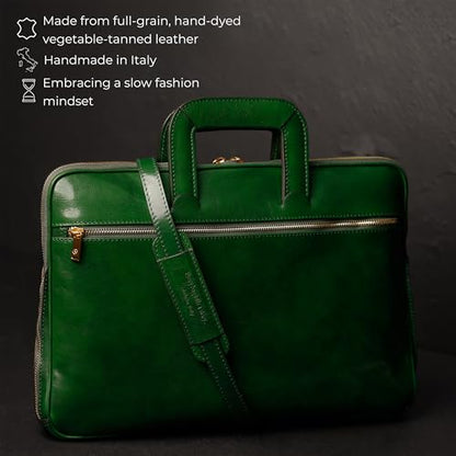 Time Resistance Slim Leather Briefcase - Italian Handmade Leather Computer Bag - Briefcase for Men and Women - Laptop Bag - color: Green