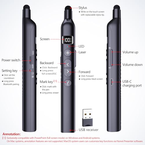 N21 Bluetooth Presentation Clicker for PowerPoint with Retractable Pointer | ①Laser Pointer②Telescopic touch pen③Countdown timer, vibration alert ④Customizable Button ⑤Rechargeable;battery level display - color: Black - Red Pointer