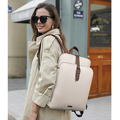 CLUCI Leather Backpack for Women, 15.6 inch Laptop Bag, Large Genuine Work Backpack Travel Back - color: 0-0 Beige With Brown