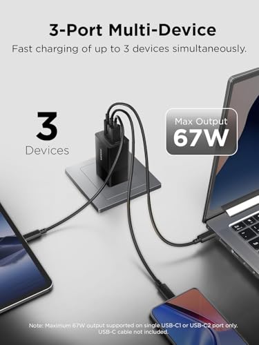 Lenovo 67W USB-C Charger, 3-Port Multi-Device Fast Charging, Advanced GaN Charger Block, Compact Fast Wall Charger, for MacBook Pro/Air, Dell XPS, iPhone 16 Series, Samsung Galaxy, and More - size: 3 Port - 67 W