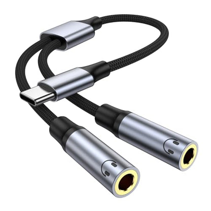 USB C to Dual 3.5mm Female Headphone Splitter, Type C to Dual 3.5mm Female Aux Y Jack Splitter Headphone Microphone Adapter for iPhone 17 16 15 Pro Max, Samsung Galaxy S25 S24, Pixel, Note