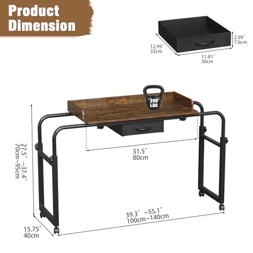 GiftGo Over Bed Table with Wheels, Recliner Table Bed Desk, Adjustable Height and Length Laptop Table with Storage Drawer Metal Leg for Bedroom Home Office Hospital (Rustic Brown, 39.3" to 55.1") - color: Rustic Brown