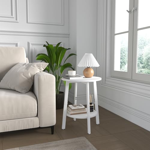 sthmec Side Table Set of 2, Small Round End Table with Storage Shelf for Small Space, 2-Tier Bedside Table Sofa Couch Table, Round Nightstands Set 2 Accent Table for Living Room, Bedroom, White - color: White