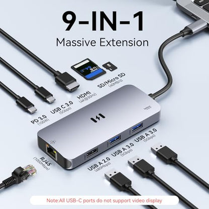 USB C Adapters for MacBook Pro/Air, Selore 9 in 1 USB C Hub with 4K HDMI, 3 * 5Gbps USB 3.1 GEN1 Port, 1Gbps Ethernet, 100W PD, 1*USB 2.0 dongle for Dell, HP and More | 4K@60Hz HDMI, 100W PD, 5Gbps USB-A&USB-C 3.1, Gigabit Ethernet, SD/microSD for MacBook