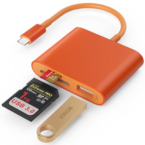 SD Card Reader, USB 3.0 Type C High Speed to SD/TF Card Adapter for iPhone 17/16/15 Pro Max Memory Card Reader with SD MicroSD USB 3 Port for Mac/iPad/MacBook Pro/Air Android Phone Tablet (Orange) - color: Orange