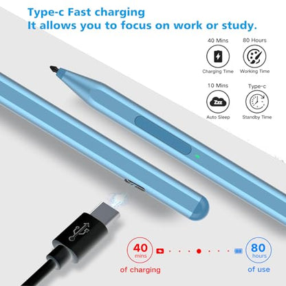 Stylus Pen for Microsoft Surface Pro12/11/10/9/8/X/7+/6/5/4/3, Surface Go 4/3/2/1, Surface Laptop1-5/Studio/Book 3/2/1 with Eraser Side Button,Palm Rejection,Tilt Function,1024 Pressure - color: Blue