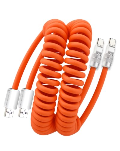 chubbycable Silicone 240H Sag-Free Coiled USB A to C Cable, 2 Pack, Orange | Self-Organizing, 6FT USB-C Cable for Car, 120W Fast Charging, 45,000+ Bend Tested, Support Carplay & Android Auto - color: Orange-2 Pack