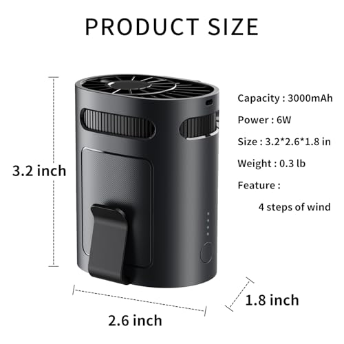 Portable Waist Fan, Clip on Belt Personal Fan, 4-Speeds, Rechargeable, Hiking, Riding, Fishing, Hands-Free Neck Hanging for Hiker, Worker, Wearable Camping, Outdoor, Jobsite, Traveling