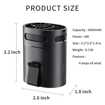 Portable Waist Fan, Clip on Belt Personal Fan, 4-Speeds, Rechargeable, Hiking, Riding, Fishing, Hands-Free Neck Hanging for Hiker, Worker, Wearable Camping, Outdoor, Jobsite, Traveling