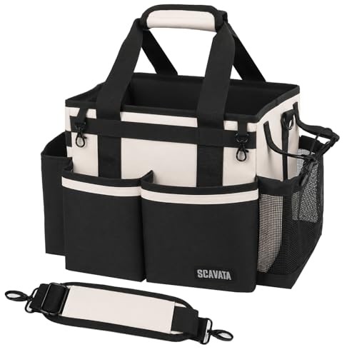 SCAVATA Compact Wearable Cleaning Caddy with Handle & Shoulder Straps | Small Cleaning Supplies Organizer, Under Sink & Car Cleaning Tools Storage Bag for Housekeepers Cleaners, Cream White - color: CreamWhite