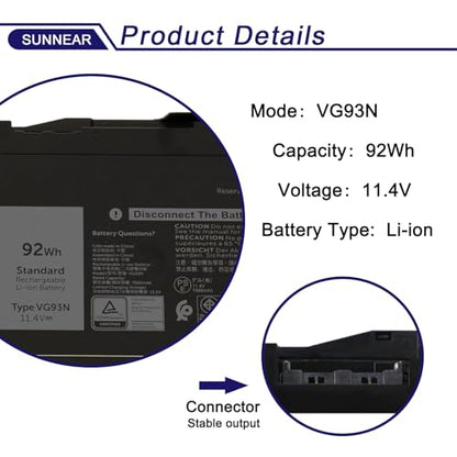 92Wh VG93N Battery for Dell Precision 15 3520 3530 Latitude 5580 5590 5591 | 11.4V 7666mAh; Battery Replacement for Dell Precision M3520 M3530 Latitude E5580 E5590 E5591; 0VG93N WFWKK 0WFWKK
