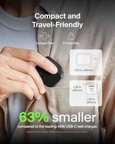 Belkin 45W Compact USB C Charger Block, 2 Pack, Fast Charging for Travel | PD 3.1, PPS, Travel Charger, Chromebook, iPad, iPhone 17, Samsung Galaxy, Pixel, Foldable Prongs, 3.3 ft Cables Included - color: Black, style: Two Pack + 2 USB-C Cables