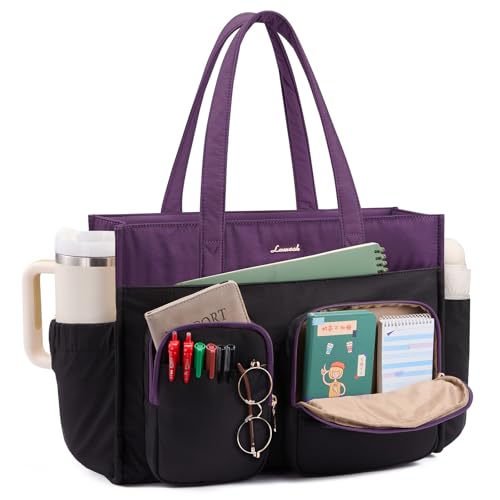 LOVEVOOK Teacher Tote Bag for Women,Multi-pocket Laptop Bag with Large Cup Holder,Nurse Bags Work Travel Computer Handbag - color: Black Purple, size: 15.6 inch