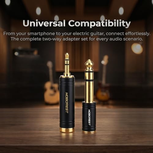MOBOREST 3.5mm to 1/4 (6.35mm) Stereo Pure Copper Headphone Adapter, 2PCS | 1/8 Male to 1/4 Female & 3.5 F to 6.35 M Bidirectional audio adapter for Guitar Amp, Mixer, Piano keyboard, Studio Home Audio - color: BLACK