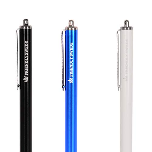 The Friendly Swede Stylus Pen for Touchscreen with Replaceable Thin Tips | 3 Spare Rubber Tips, 3 Elastic Lanyards, Microfiber Cleaning Cloth, 3-Pack 5.5" High Precision Stylus Pen, Black/Blue/White - color: Black/Blue/White