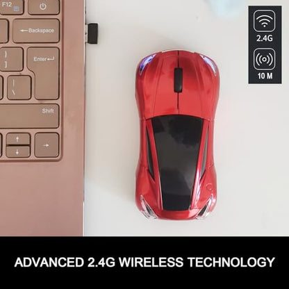 Car Mouse for Computer, Wireless Car Shaped Mice for Laptop, PC, Mini Cute Mouse with 2.4Ghz USB Receiver, 3D, 1600DPI, Silent Clicks, LED Headlights (Red) - color: Y-Red