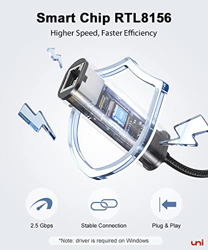 uni USB-C to Ethernet Adapter, 2.5 Gigabit Network Adapter [Thunderbolt 4/3 Compatible], USB 4 to Adapter 2.5Gbps, for MacBook Pro 2023 / Air 2022, Mac mini M2, Dell XPS, and More