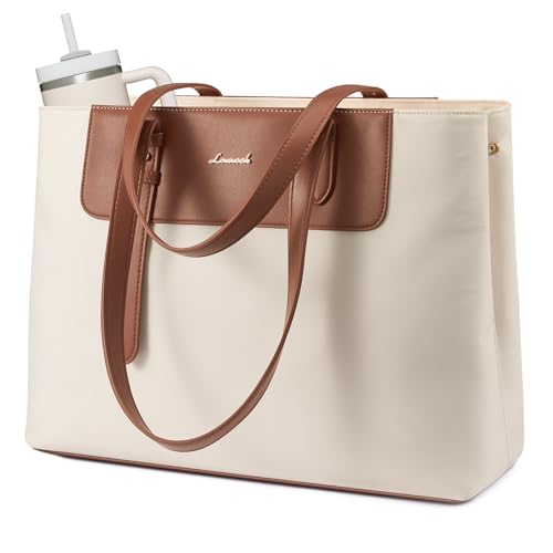 LOVEVOOK Laptop Tote Bag for Women 15.6 Inch, Water-Resistant Work Tote Bag Large Capacity Computer Bag Briefcase Handbag - color: Cream & Brown, size: 15.6Inch