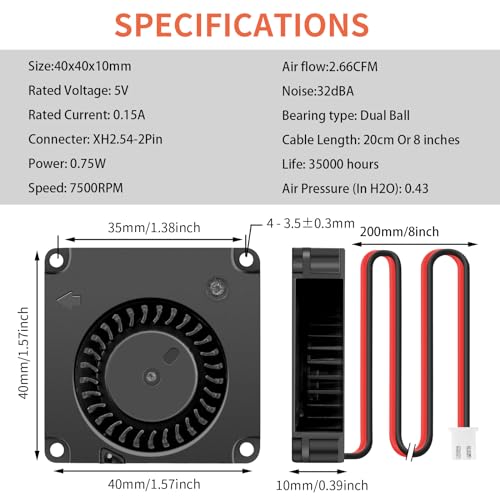 2Packs Wathai DC Blower Fan 4010 Radial Cooling Fan 5V 2 Pin DC 40mm x 10mm Dual Ball - size: 40x10mm (5V Ball)