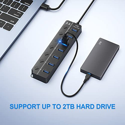 USB Hub 7 Port, USB Splitter with Individual On/Off Switches and Lights. | USB 3.0 Hub with 3.3ft Cable, Extender for A Port Laptop, PC, Desktop - color: Black