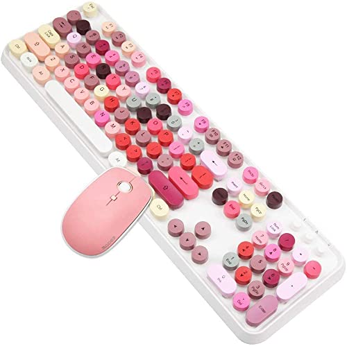 Colorful Wireless Keyboard and Mouse Combo, Typewriter Style Bubble Keyboard with Round Keys, 2.4GHz Cute Aesthetic Full Size Keyboard with Number Pad for PC Laptop Desktop - color: Pink colorful wireless keyboard and mouse