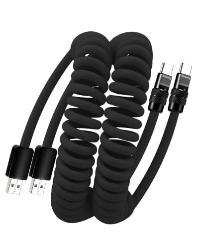 chubbycable Silicone 240H Sag-Free Coiled USB A to C Cable, 2 Pack, Black | Self-Organizing, 6FT USB-C Cable for Car, 120W Fast Charging, 45,000+ Bend Tested, Support Carplay & Android Auto - color: All Black-2 Pack