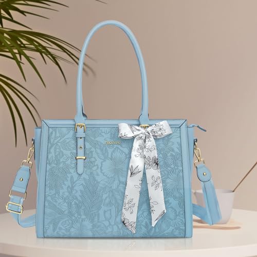 MOSISO Laptop Bag for Women, 17-17.3 inch PU Leather Tote Bag | Compatible with MacBook, HP,Dell, Front Embossed Retro Hibiscus Computer Bags with Silk Scarf&Clutch Purse, Air Blue - color: Air Blue, size: 17.3 inch