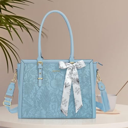MOSISO Laptop Bag for Women, 17-17.3 inch PU Leather Tote Bag | Compatible with MacBook, HP,Dell, Front Embossed Retro Hibiscus Computer Bags with Silk Scarf&Clutch Purse, Air Blue - color: Air Blue, size: 17.3 inch