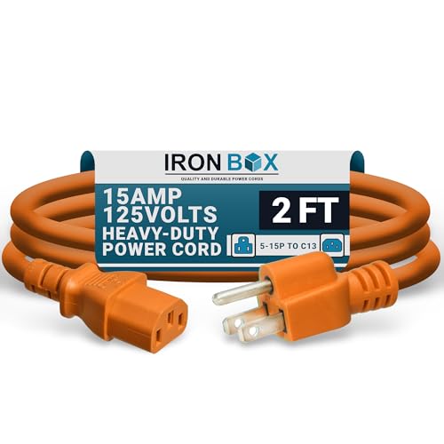 IronBox Electric - Heavy-Duty 5-15P to C13 Power Cord - 3 Prong 15A 125V 14/3 SJT PC Cable - Cord for Computer, Monitor, Subwoofer, Amplifier - Cable for Power Supply - (Orange 2 Foot) - color: Orange, size: 2 ft