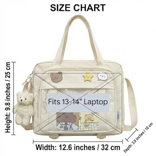 Kawaii Crossbody Ita Bag for Women with Pin & Plush Bear - Japanese Messenger Bags Y2K Shoulder Purse - color: B Pro Beige (Fits 13.4" Laptop)