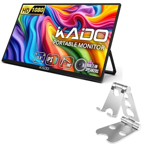Kado 15.6" Full HD Portable Monitor Aluminum Foldable Stand Set, Second Display IPS 1920x1080 HDMI USB Type-C Laptop Screen Extender, 180° Kickstand Wall/Arm Mount for PC, Mac, Phone, Dex, Tablet