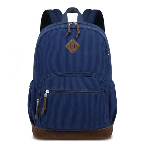 mygreen Teen Back to School Corduroy Backpack 24L Fit 15.6 Inch Laptop Blue | Water resistant vintage corduroy, ergonomic padded back adjustable straps; blank DIY daypack for teen college daily travel - color: Dark Blue, Corduroy