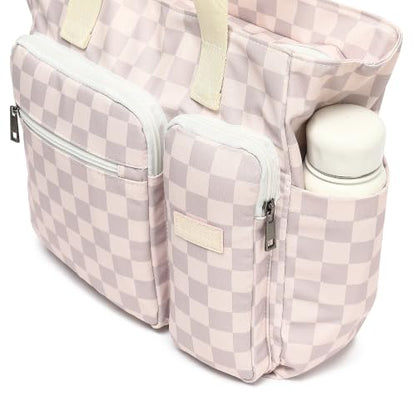 Women Tote Bag With Muti-Pockets,Lightweight Shoulder Bag,Large Capacity Handbag for Travel, Work, Gym - color: Lavender Grey Checkered