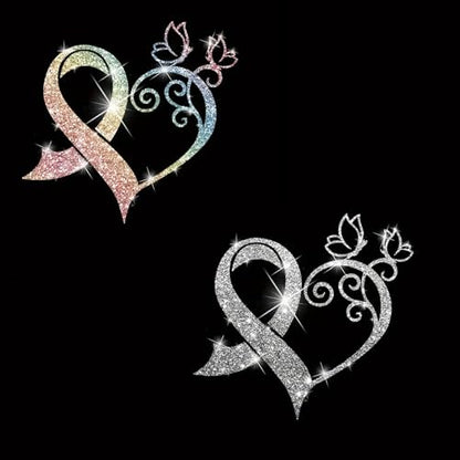 2pcs Sparkling Heart Shaped Butterfly Sunflower Self-Adhesive PVC Rainbow Glittery Decal Sticker for Cars, Laptops, Trucks, Motorcycles Wall Window Luggage Scratch Cover Door Multi-Surface Sticker