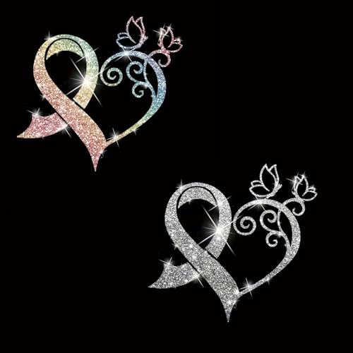 2pcs Sparkling Heart Shaped Butterfly Sunflower Self-Adhesive PVC Rainbow Glittery Decal Sticker for Cars, Laptops, Trucks, Motorcycles Wall Window Luggage Scratch Cover Door Multi-Surface Sticker