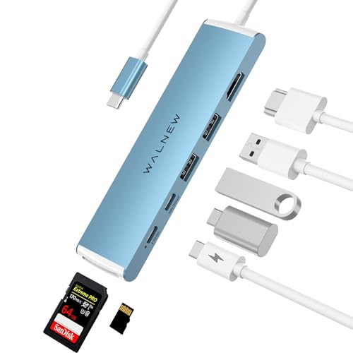 WALNEW 7 in 1 USB-C Hub with 4K HDMI,100W PD,5Gbps Data Port(1 Type-C & 2 USB 3.0),SD/TF Reader, Thunderbolt 4 Dock Multiport Adapter for MacBook Pro Air,Mac,iPad 10/Mini 6,Surface (Blue) | Thunderbolt Docking Station for MacBook Pro/Air, Mac, iPad, Dell,