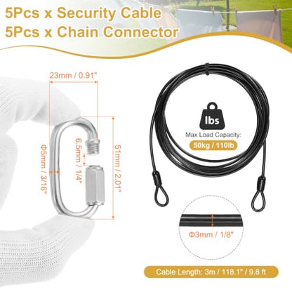 PATIKIL Security Cable Lock (1/8" Dia 9.8ft, Black)(5 Set) Vinyl Coated 304 Stainless Steel Double Loop Flexible Wire Rope Safety Cable with Quick Links Locking Connectors - color: Black, size: 1/8" x 9.8ft