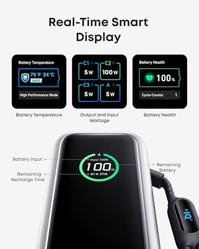 Anker Laptop Power Bank, 25,000mAh Travel Essential with 165W Total Output | 3 USB-C Ports with 100W Max Each, Built-In Retractable Cables, Flight-Ready, for iPhone 17 Series, MacBook, and More - color: Silver