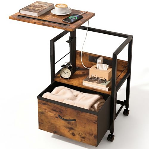 Faesun Swivel Lift Top Nightstand with Charging Station, Rolling Side Table for Recliner, Bedside Table with Wheels & a Fabric Drawer, for Small Spaces, for Bedroom, Living Room, Brown - color: 03 - Brown, size: 1 Drawer