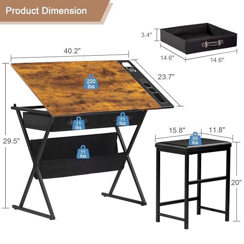 VECELO Drafting Table Art Desk Art Table Adjustable Drawing Table Tilted Tabletop with 2 Storage Drawers and Stool, Drawing Desk for Artist Painters Drawing, Crafting, Reading, Writing, Rustic Brown - color: Rustic Brown
