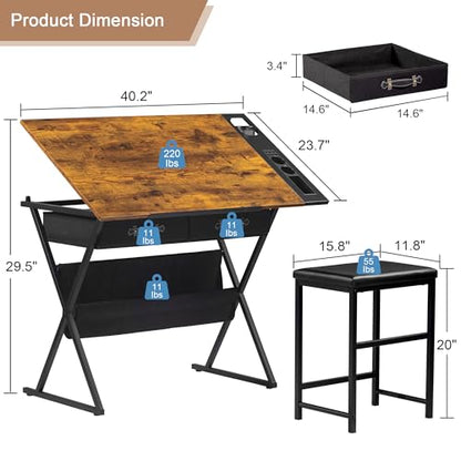 VECELO Drafting Table Art Desk Art Table Adjustable Drawing Table Tilted Tabletop with 2 Storage Drawers and Stool, Drawing Desk for Artist Painters Drawing, Crafting, Reading, Writing, Rustic Brown - color: Rustic Brown