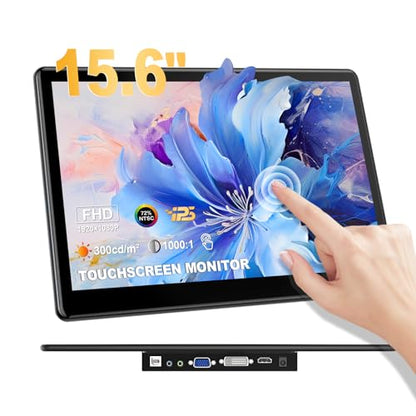 15.6 Inch 1080P IPS Industrial Touchscreen Portable Monitor | Full HD IPS touch screen with HDMI/VGA/DVI/USB touch, 75x75 VESA mount for laptop PC, built-in speakers, for Ras Pi POS Kiosk - size: 15.6-inch