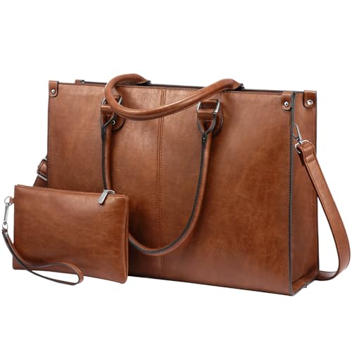 LOVEVOOK Laptop Tote Bag for Women, 15.6 Inch Professional Work Bag with Matching Clutch, Waterproof Vintage Leather Computer Tote for Office, Business Travel & Daily Use, Gift for Women - color: Dark Brown, size: 15.6 inch