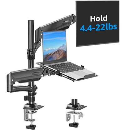 MOUNTUP Laptop and Monitor Desk Mount, Laptop Tray for Max 17" Notebook, Monitors Arm Fits up to 32" Monitor, Laptops Arm Holds 4.4-22lbs, 2-in-1 Tall Laptops Mount with Clamp/Grommet - size: Dual, style: With Pole